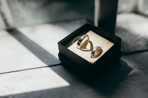 Wedding rings in box, close up