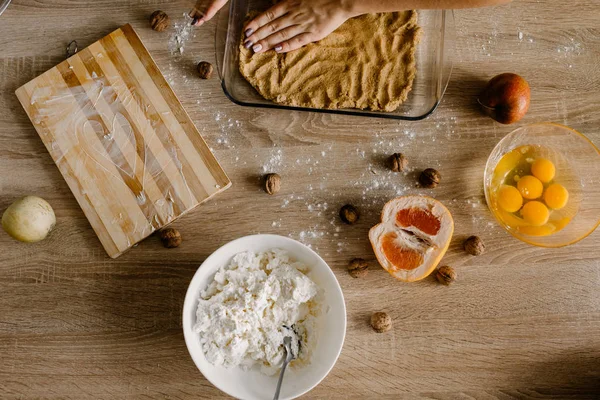 Ingredients Cheese Cake Wooden Table — Stock Photo, Image