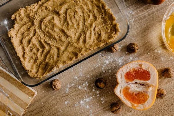 Zutaten Für Käsekuchen Auf Holztisch — Stockfoto