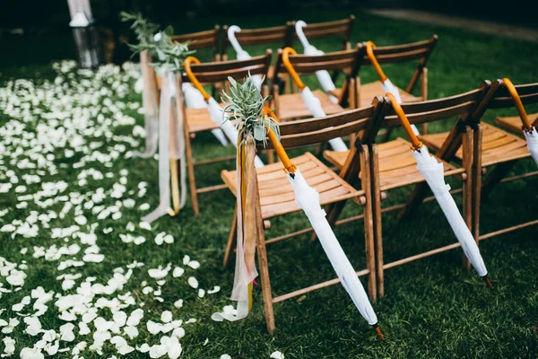 Cadeiras Madeira Para Cerimônia Casamento Livre — Fotografia de Stock