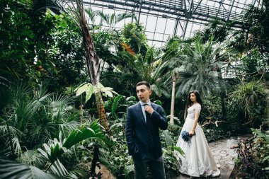 Yeni evliler botanik bahçe içinde güzel genç çift 