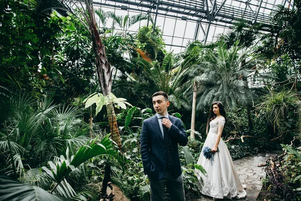 Yeni evliler botanik bahçe içinde güzel genç çift 