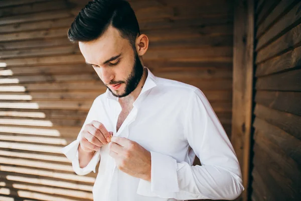 Young Handsome Man Getting Dressed Building — Stock Photo, Image