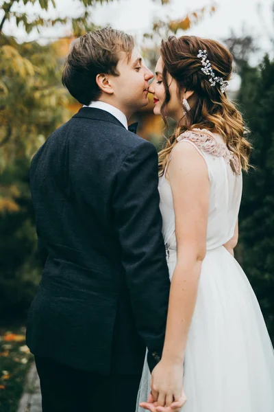 Beau Jeune Couple Jeunes Mariés Embrasser — Photo