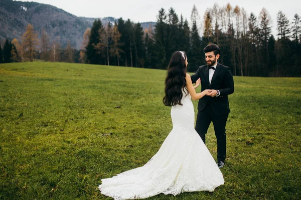 Šťastný Mladý Krásný Pár Novomanželů Drželi Ruce — Stock fotografie