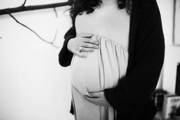 Ευτυχισμένη Όμορφη Έγκυος Γυναίκα Ποζάρουν Στο Σπίτι — Φωτογραφία Αρχείου