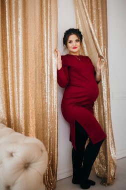 Mutlu güzel hamile kadın evde poz veriyor.