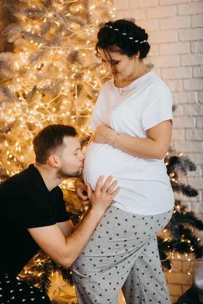 Happy Married Couple Christmas Man Kissing Belly — Stock Photo, Image