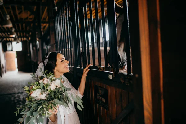 Délicate Belle Mariée Avec Cheval — Photo