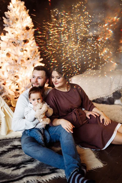 Happy Young Family Posing Christmas Tree — Stok Foto