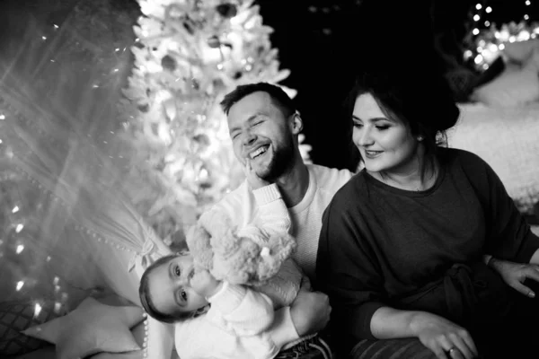 Happy Young Family Posing Christmas Tree — Stok Foto