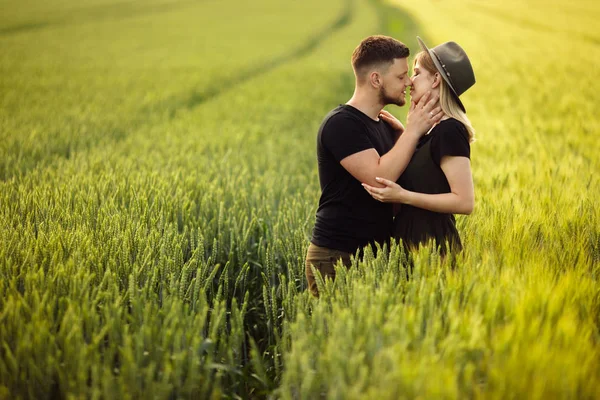 Frumos Tineri Cuplu Sărutat Câmp Grâu — Fotografie, imagine de stoc