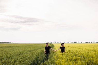 Güzel genç çift buğday tarlasında yürüyor