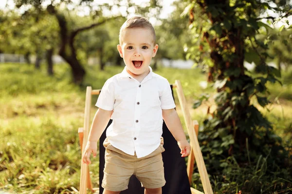 Счастливый Мальчик Отдыхает Стуле Парке — стоковое фото