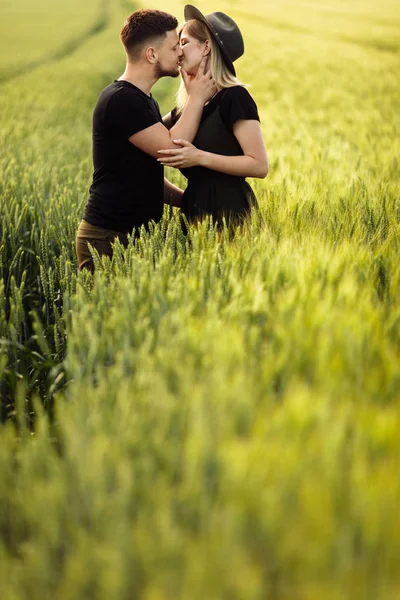 小麦畑キスで美しい若いカップル — ストック写真