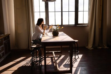 Mutfakta akıllı telefonu olan bir kadın. 