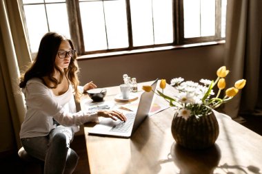 Mutfakta dizüstü bilgisayarla çalışan iş kadını. 