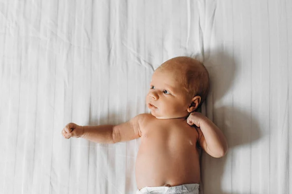 Menina recém-nascido adorável deitado na cama, olhar humano pequeno bonito ao redor com grande interesse, momentos familiares felizes, conceito de nascimento e paternidade — Fotografia de Stock