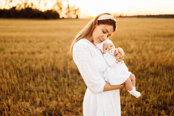Porträt einer wunderschönen Mutter mit einer wunderschönen kleinen Tochter auf dem Feld, zarte Mutter hält süße neugeborene Mädchen in den Armen, glückliche Familienmomente, Mutterschaftskonzept — Stockfoto