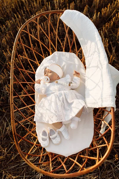 Gyönyörű újszülött lány gyönyörű fehér ruhában, apró aranyos gyermek alszik a kis ágyban, boldog családi pillanatok, gyermekkor és anyaság koncepció — Stock Fotó