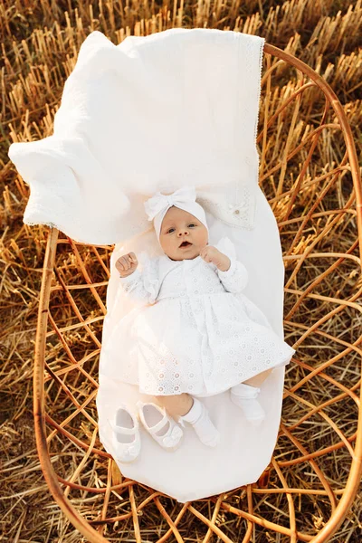Портрет очаровательной новорожденной девочки в красивом белом платье, милый ребенок, лежащий в маленькой кровати на поле, счастливые семейные моменты, детство и отцовство концепции — стоковое фото