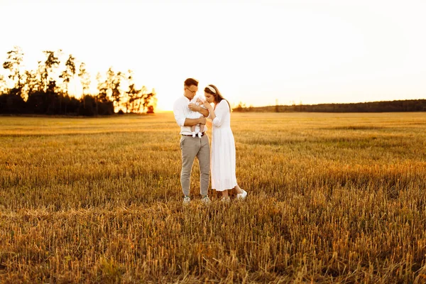 Glückliche Eltern mit neugeborenem Mädchen auf dem Feld, schöner Vater hält kleine Tochter im Arm, schöne Mutter küsst sanft winzige Hand des niedlichen Kindes, junges Familienkonzept — Stockfoto