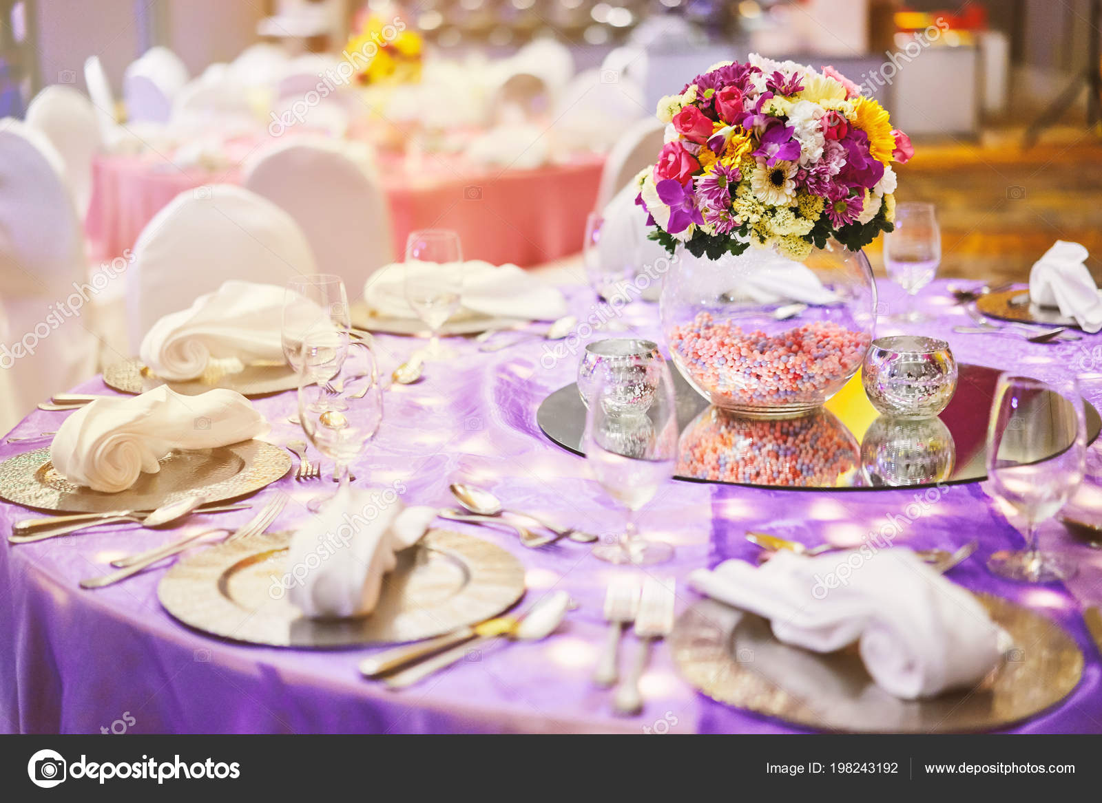 Big Vase Flower Arrangements Closeup Shot Dinner Table Setting