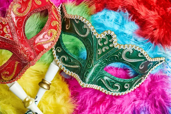 Close-up the red and green carnival masquerade, Venetian mask (Opera mask) with white wood handle on the colorful soft fluffy feathers in yellow, pink, blue, red and green, Fantasy concept, Photo booth props