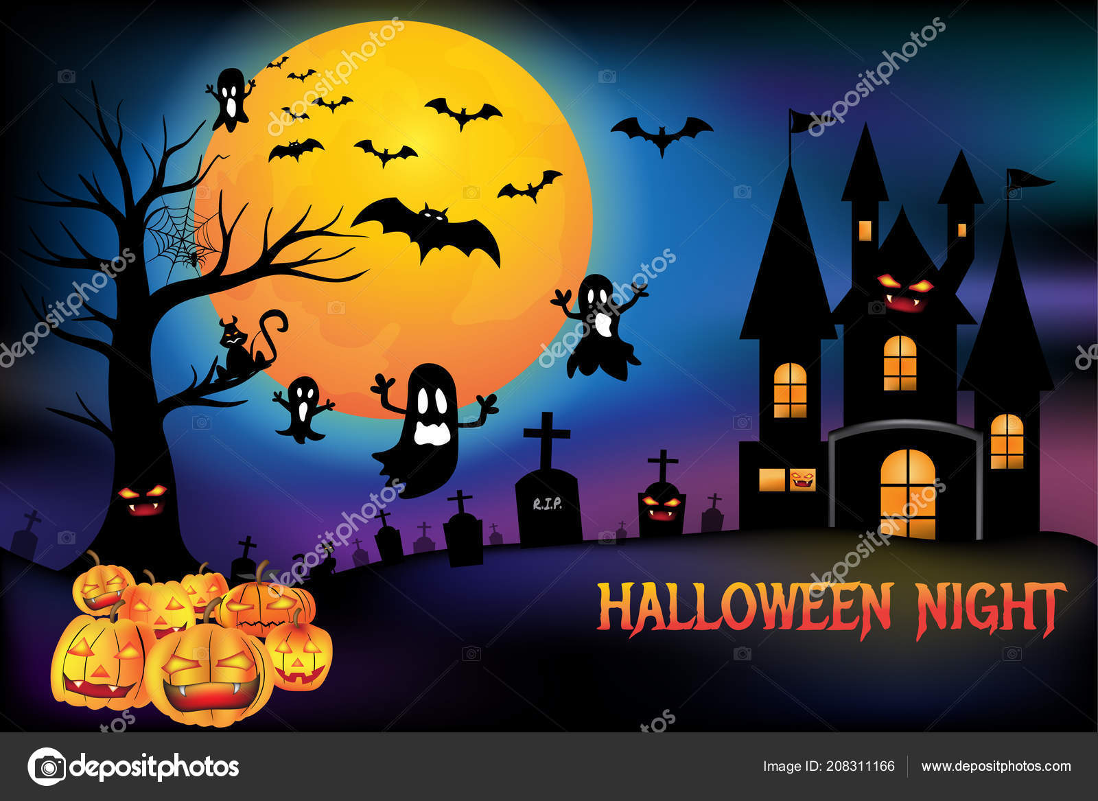 Halloween Græskar Uhyggelig Slot Dødstræ Med Kirkegård Flagermus Med  Fuldmåne Stockvektor af ©mrseksan 208311166, image size:1600x1167