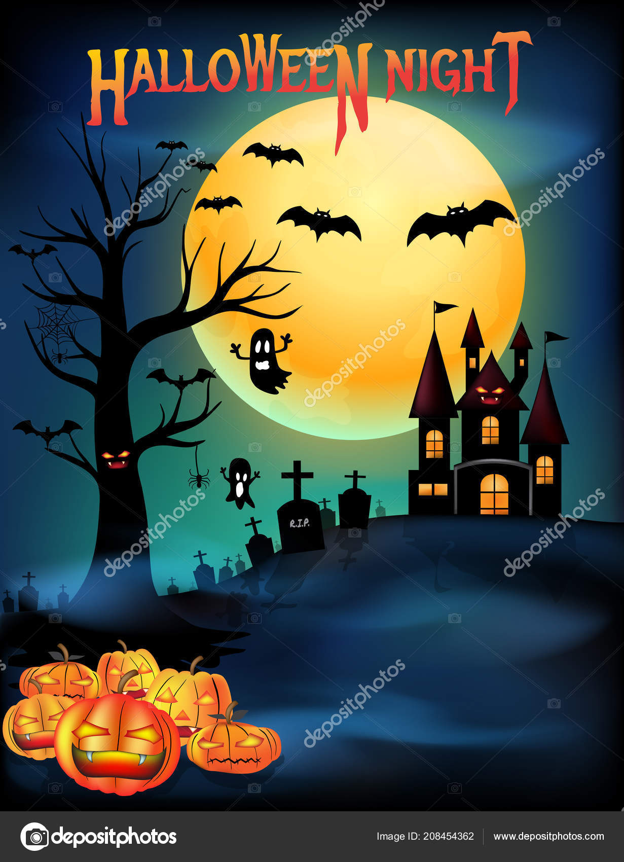 Halloween Pumpkins Creepy Castle Death Tree Cemetery Graveyard Bats Full Stock Vector Image By C Mrseksan