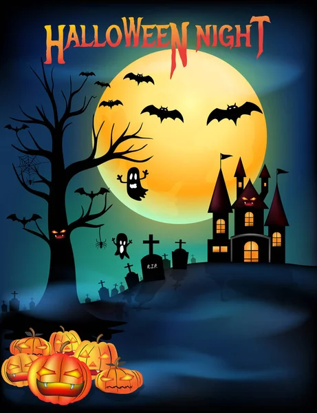 Calabazas Halloween Castillo Espeluznante Árbol Muerte Con Cementerio Cementerio Murciélagos — Vector de stock