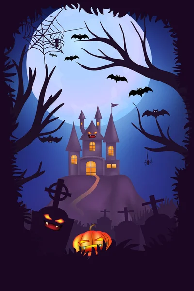 Diseño Póster Noche Halloween Feliz Cementerio Espeluznante Cementerios Con Calabazas — Vector de stock