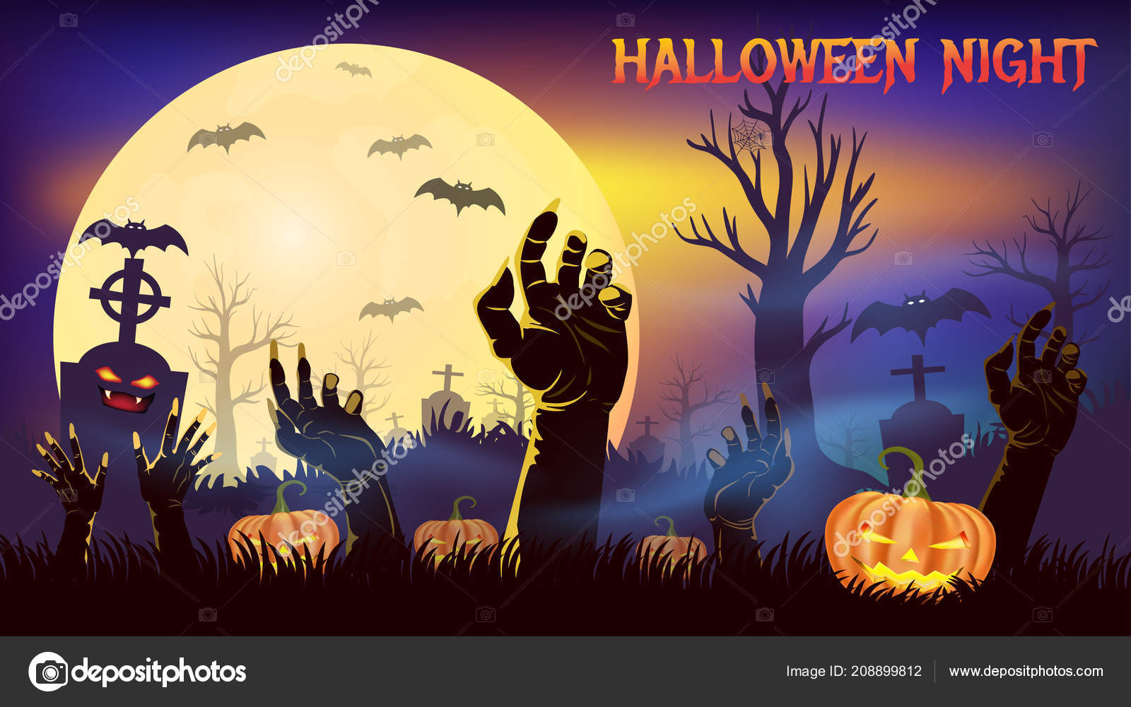 Zombie Hånd Stiger Graven Græskar Den Uhyggelige Kirkegård Kirkegård  Flagermus Stockvektor af ©mrseksan 208899812, image size:1600x1000