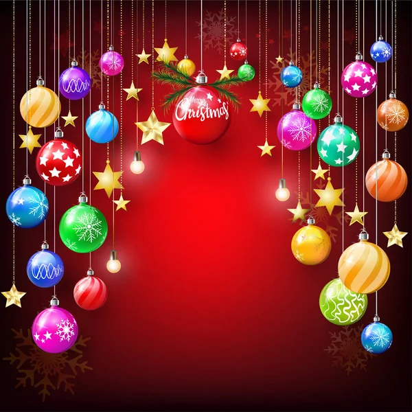 Colorful Shiny Glitter Star Christmas Balls Hanging Decoration Red Background — Stock Vector