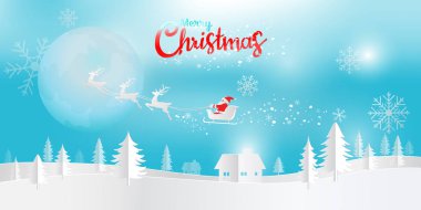 Neşeli Noel ve mutlu yeni yıl, yılbaşı gecesini Noel Baba ve gece gökyüzünde kasabaya geliyor Ren geyiği ile kağıt sanat vektör çizim.