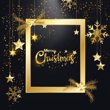 Merry Christmas and Happy New Year, Golden glitter of Christmas elegant frame with diamond dust shiny on black background with copy space clipart