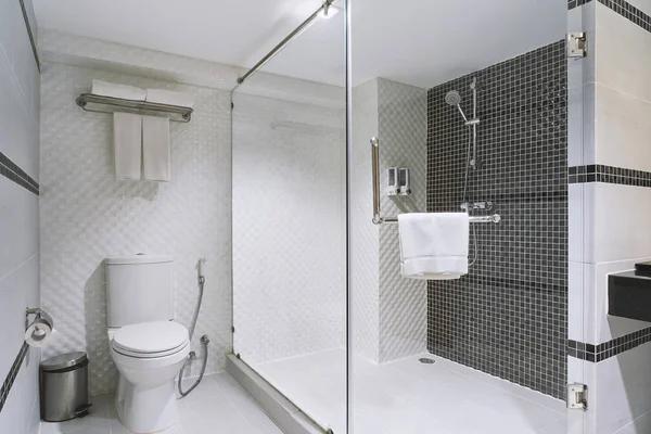 Bathtoom tuvalet ve duş ile lüks otel, kat mülkiyeti, konut için siyah ve beyaz seramik dekorasyon modern dekorasyon tasarım kavramı