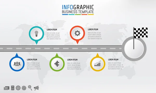 Yol haritası iş zaman çizelgesi bilgisi grafik şablonu ile damalı bayrak, 5 adım, seçenekleri, sunum için işler. Vektör çizim.