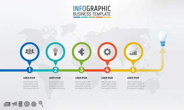 Časová Osa Infografiky Šablony Design Kroky Začít Koncového Bodu Žárovka — Stockový vektor