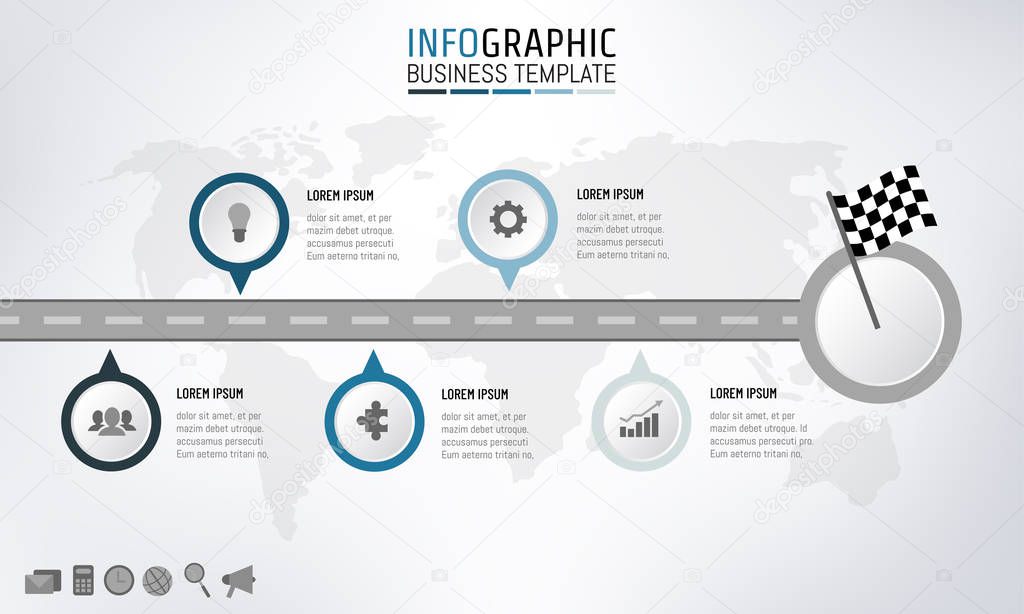 Info graphics road to success concept. Road map business time line infographics template for presentation with checkered flag, 5 steps, options, processes. Vector illustration EPS10.