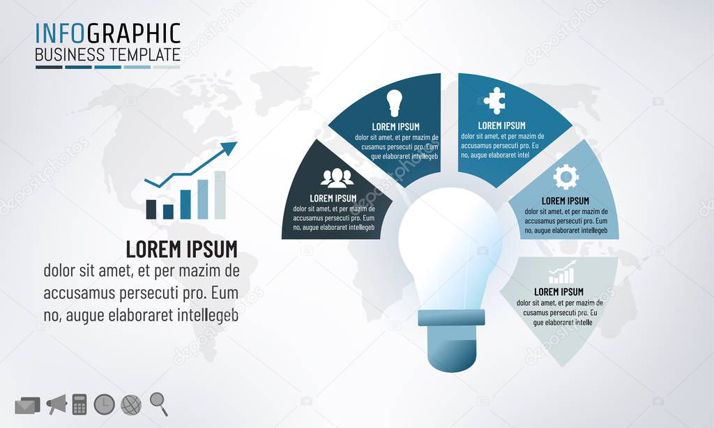 Vector illustration of light bulb infographic template for business idea concepts with circle 5 options, steps, processes or parts.