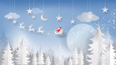 Neşeli Noel ve mutlu yeni yıl kağıt kesme, kağıt sanat veya dijital el sanatları tarzı. Noel Baba ve gökyüzünde uçan ren geyiği ile kış gece büyük ay arka plan. Vektör çizim.