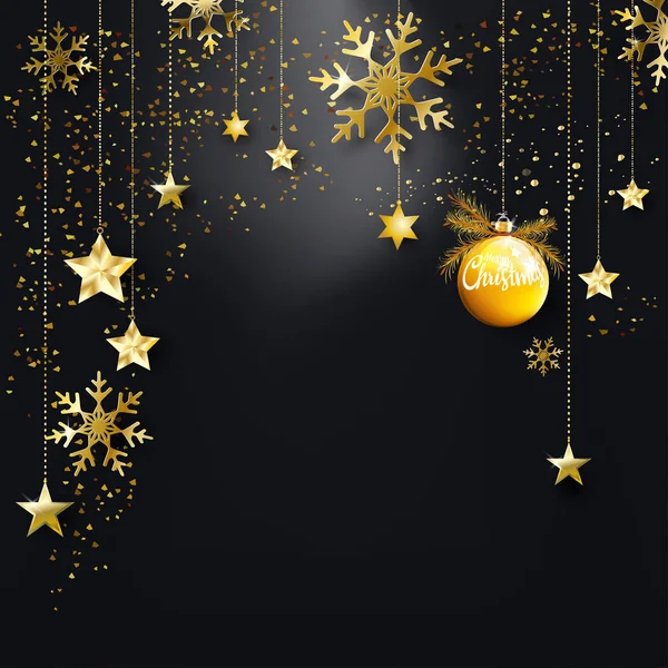 Siyah Noel arka plan altın glitter konfeti ile lüks dekorasyon davetiye, afiş, Noel partisi poster için kopya alanı tasarımı ile süsler. Vektör çizim Eps10.
