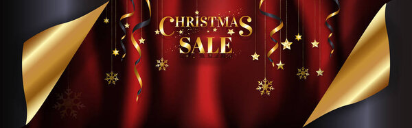 Luxury Christmas sale banner page curl design ready to use for poster, web banner, advertisement with special discount in gold on red satin background with copy space. EPS10 vector illustration.