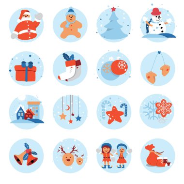 Neşeli Noel ve mutlu yeni yıl simgesi tasarım sevimli çizgi film karakteri için tatil tebrik kartı dekorasyon veya afiş, el ilanı ile düz. Vektör çizim.