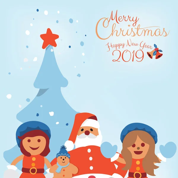 Feliz Navidad Feliz Año Nuevo 2019 Tarjeta Felicitación Con Caricatura — Vector de stock