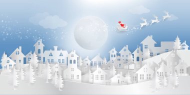 Mutlu Noeller ve mutlu yeni yıl 2019 kağıdı, kağıt sanatı, dijital kağıt zanaat Noel Baba'nın kızağı kopya alanı ile kar harikalar üzerinde uçan üzerinde ren geyiği ile kesin. Vektör çizim Eps10.