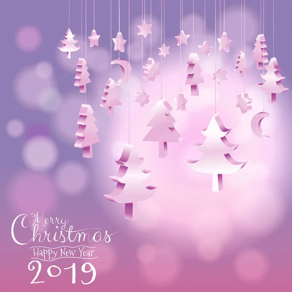 Halat hat bokeh bulanık tatlı mor pembe arka plan ile kopya alanı, vektör çizim Eps10 izometrik 3D asılı mutlu yeni yıl 2019 ve neşeli Noel ağacı süsler