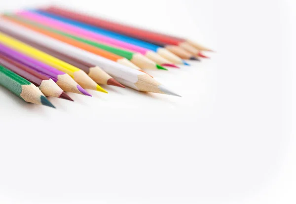 Colored Crayon Pencils Row White Desktop Selective Focus White Color — Stock Photo, Image
