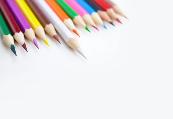 Row Colored Crayon Pencils White Desktop Selected Focus White Color — Stock Photo, Image